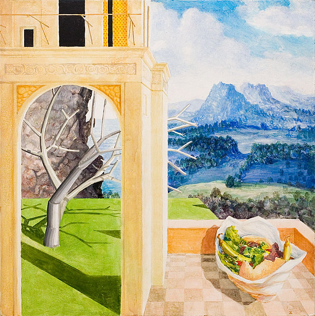 The patio. painting by Kristoffer Zetterstrand. a kebab is resting against an italian renaissance landscape with blue mountains